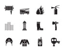 Silhouette fire-brigade and fireman equipment icon - vector icon set