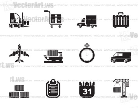 Silhouette logistics, shipping and transportation icons - vector icon set