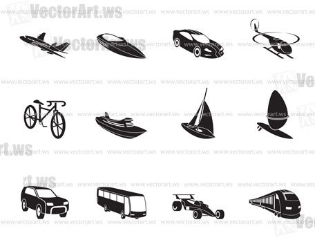 Silhouette different kind of transportation and travel icons - vector icon set