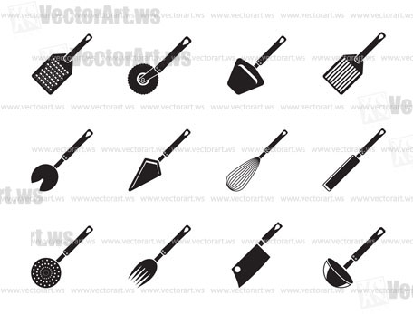 Silhouette different kind of kitchen accessories and equipment icons - vector icon set