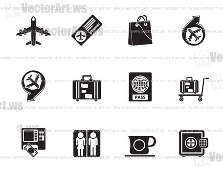 Silhouette airport, travel and transportation icons 1 - vector icon set