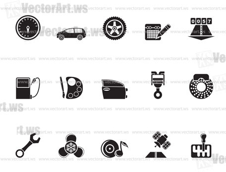 Silhouette car parts, services and characteristics icons - vector icon set