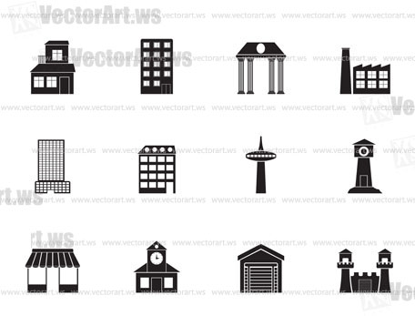 Silhouette different kind of building and City icons - vector icon set