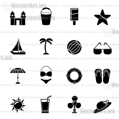 Silhouette Beach, sea and holiday icons - vector icon set