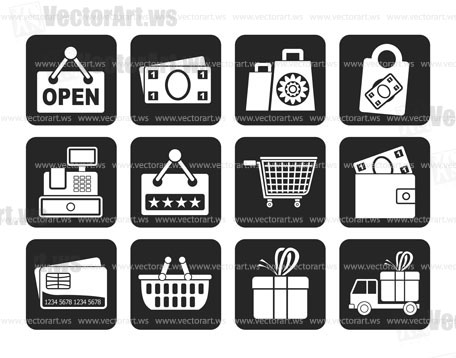 Silhouette shopping and retail icons - vector icon set