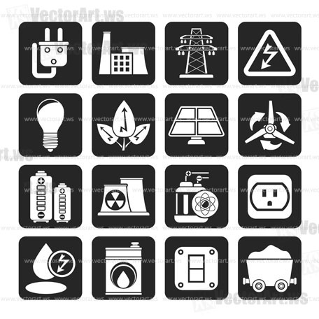 Silhouette power, energy and electricity icons - vector icon set