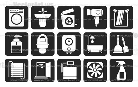 Silhouette Bathroom and toilet objects and icons - vector icon set