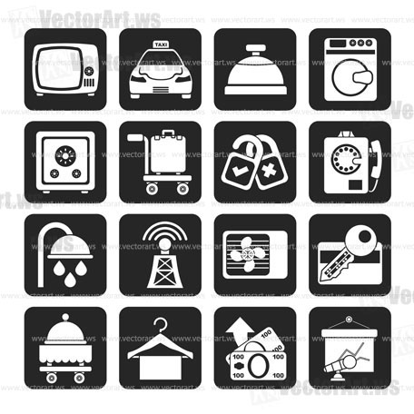 Silhouette Hotel and motel room facilities icons - vector icon set