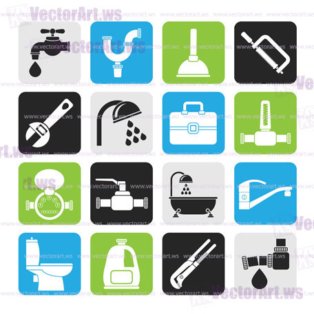 Silhouette plumbing objects and tools icons - vector icon set