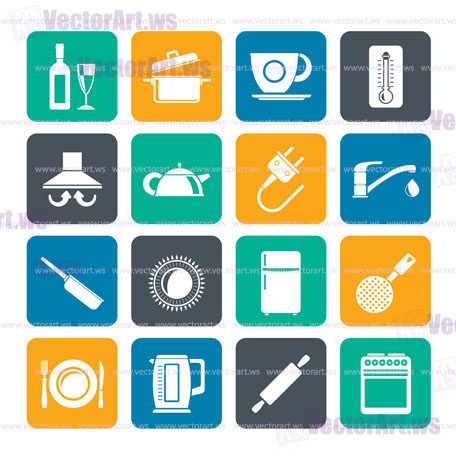 Silhouette kitchen objects and accessories icons- vector icon set