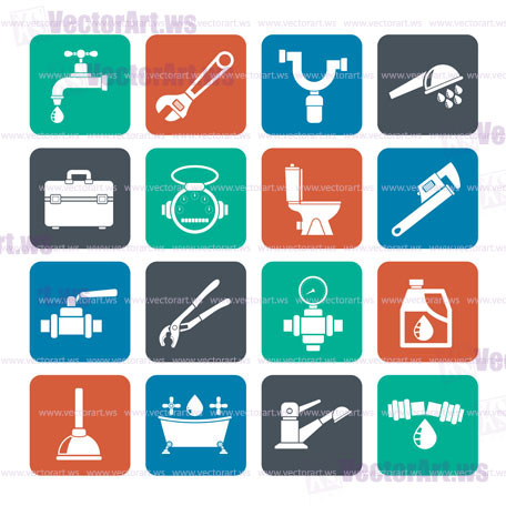 Silhouette plumbing objects and tools icons - vector icon set