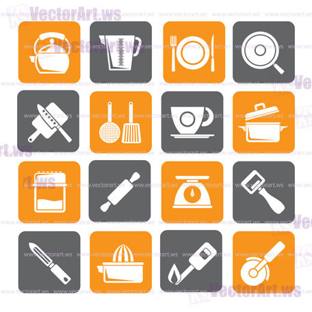 Silhouette kitchen gadgets and equipment icons - vector icon set