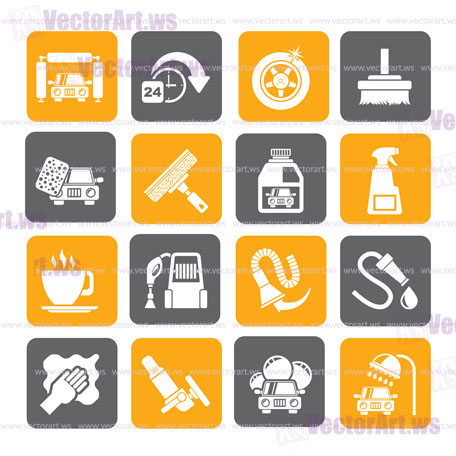 Silhouette car wash objects and icons - vector icon set