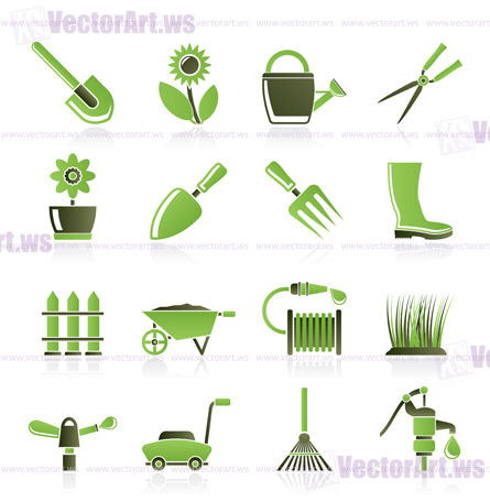 Garden and gardening tools and objects icons - vector icon set