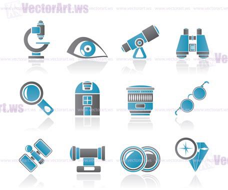 Optic and lens equipment icons - vector icon set