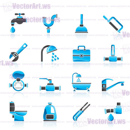 plumbing objects and tools icons - vector icon set