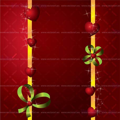 red hearts Valentines Day Background with stars and green bow - vector illustration