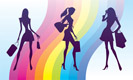 Shopping girls on fashion rainbow - vector illustration