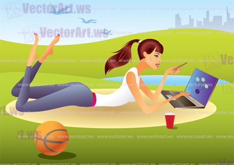 Fashion girl with laptop in the park - vector illustration