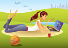 Fashion girl with laptop in the park - vector illustration