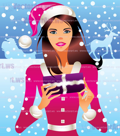 Christmas girl with a gift - vector illustration