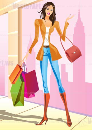 fashion shopping girls with shopping bag in New York - vector illustration